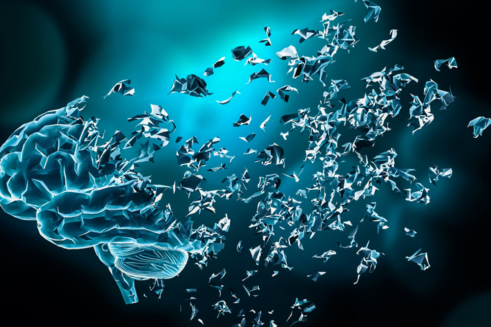 Human brain disintegrating or breaking apart 3D rendering illustration. Memory impairments, neurological diseases like Parkinson's or Alzheimer's, amnesia, psychological disorders concepts.